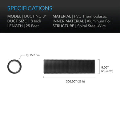 AC Infinity - Flexible Four-Layer Ducting, 25 FT long 7.6 metre, 8 Inch - 200 mm