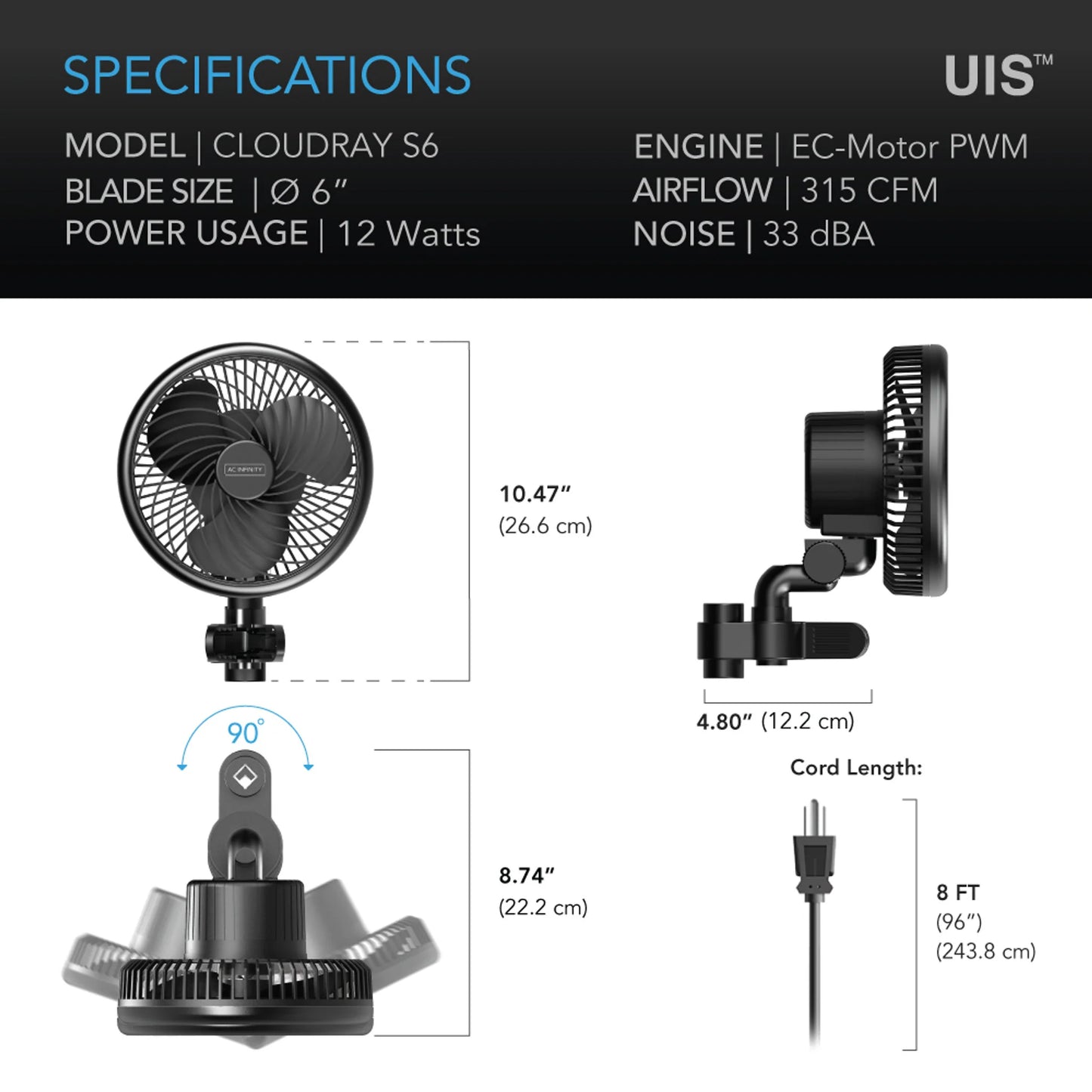 AC Infinity - Cloudray S6, Gen 2 Grow Tent Clip Fan 6”