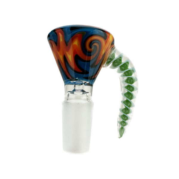 Wig Wag Glass Slider Cone Piece CP – 14mm with Coiled Handle - Red Swirl w' Yellow Handle