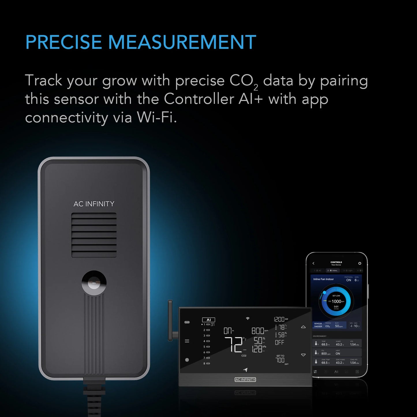 AC Infinity - Co2 + Light Sensor for Controller AI+, CO2 Data Tracking, Optimised FAE, Day and Night Scheduling