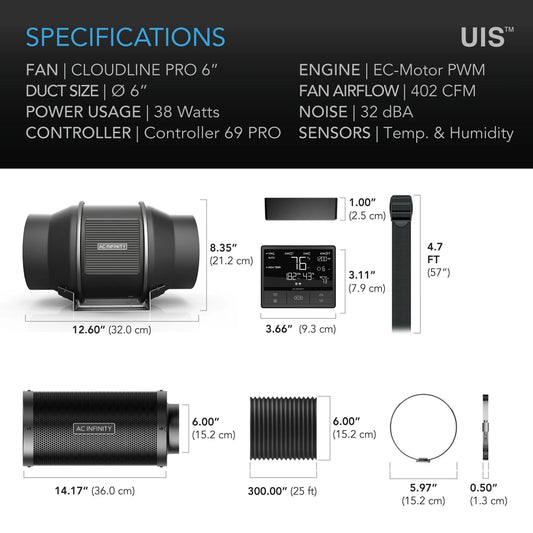 AC Infinity - T6 Air Filtration Kit Pro 6 Inch - 150 MM, Inline Fan with Controller 69PRO, Carbon Filter and Ducting combo
