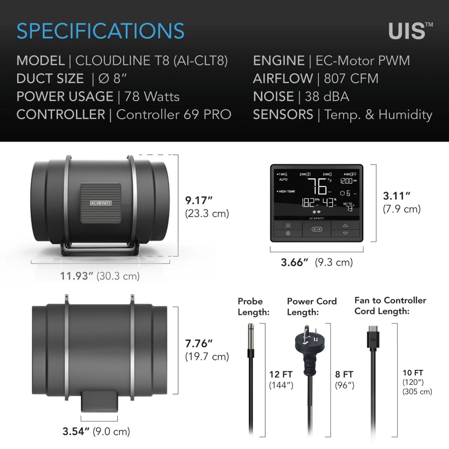AC Infinity - Cloudline Pro T8, Quiet Inline Duct Fan System with Temperature Humidity VPD Controller 69 Pro, 8 Inch - 200 MM