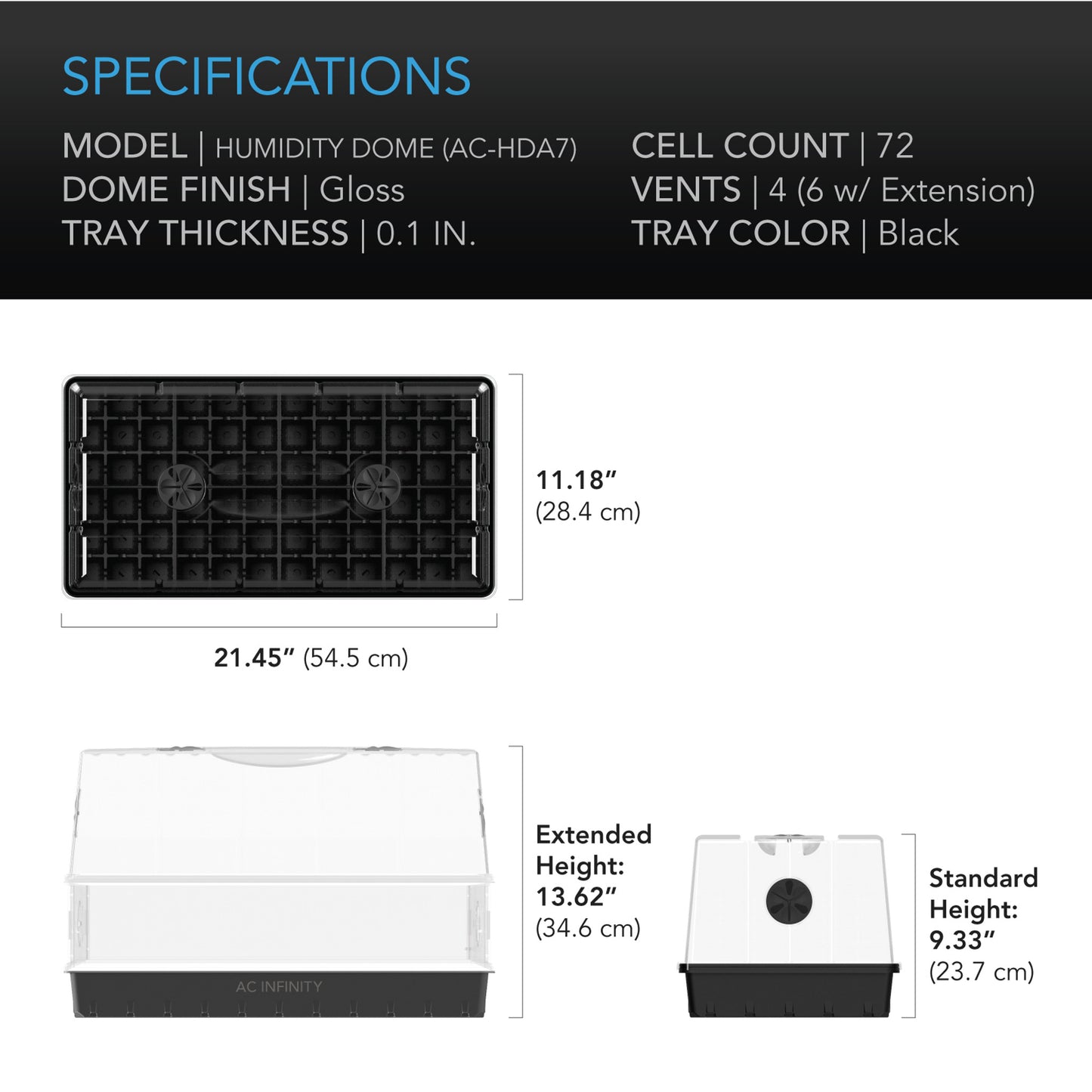 AC Infinity - Humidity Dome XL, Propagation Kit, 6x12 Cell Tray with Height Extension