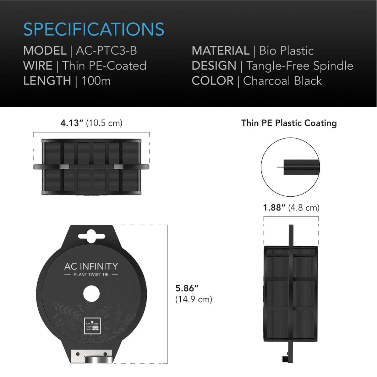 **SPECIAL ORDER** AC Infinity - Black Twist Ties with Built-In Cutter, 100 m