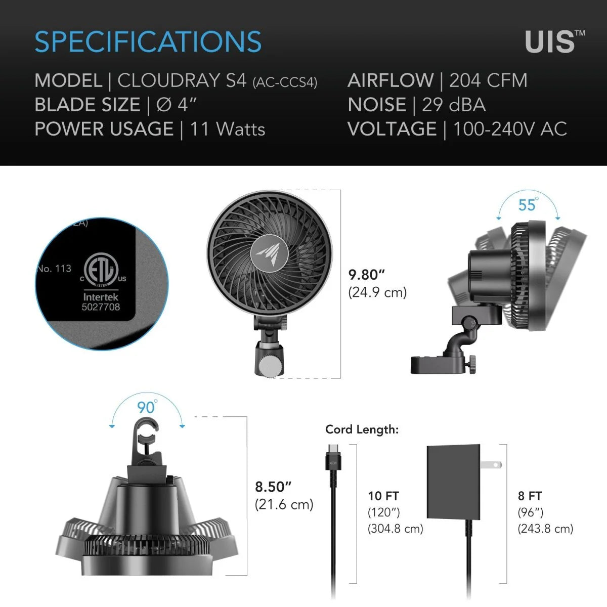 AC Infinity - Cloudray S4, Grow Tent Clip Fan,4inch w 10 Speeds and Dynamic Wind