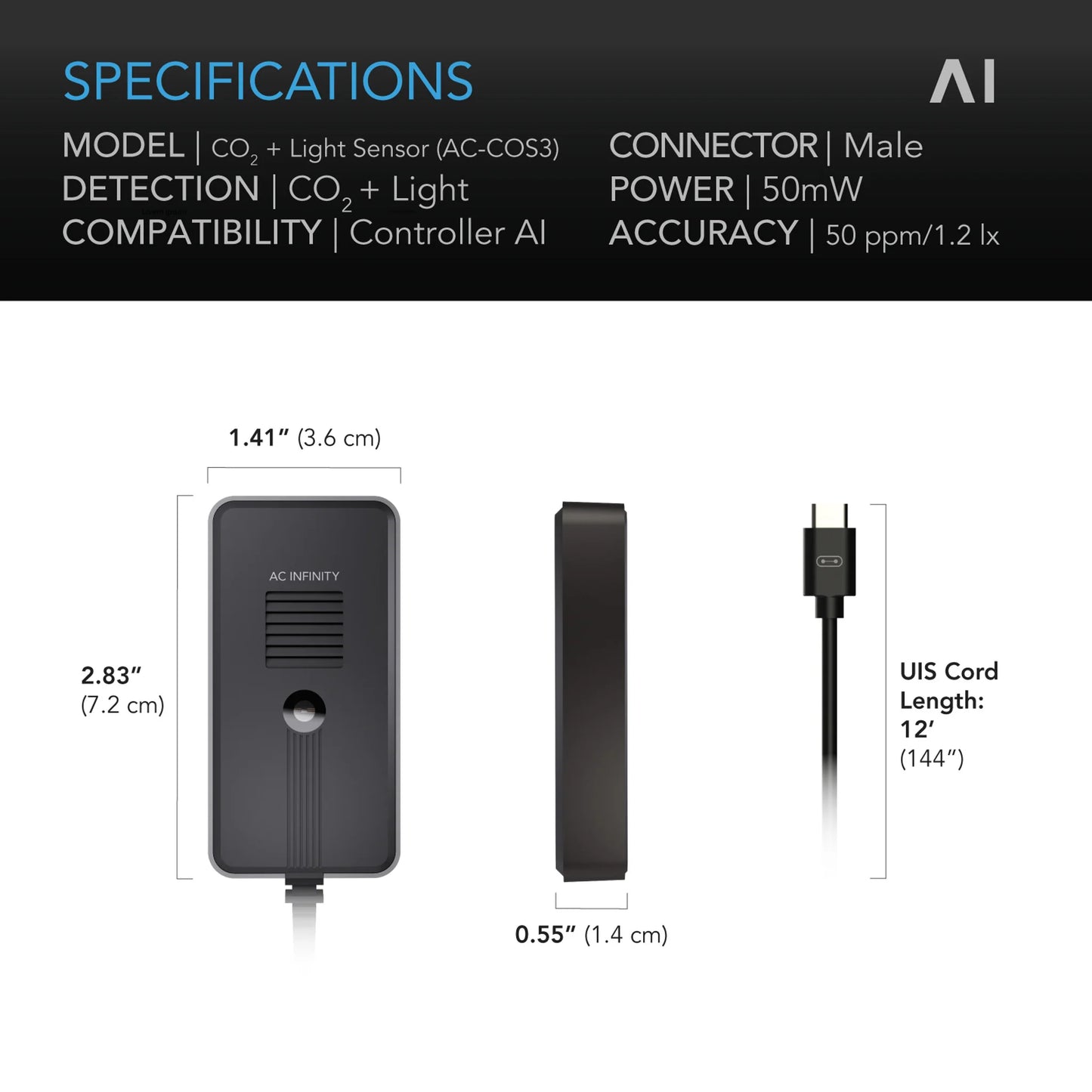 AC Infinity - Co2 + Light Sensor for Controller AI+, CO2 Data Tracking, Optimised FAE, Day and Night Scheduling