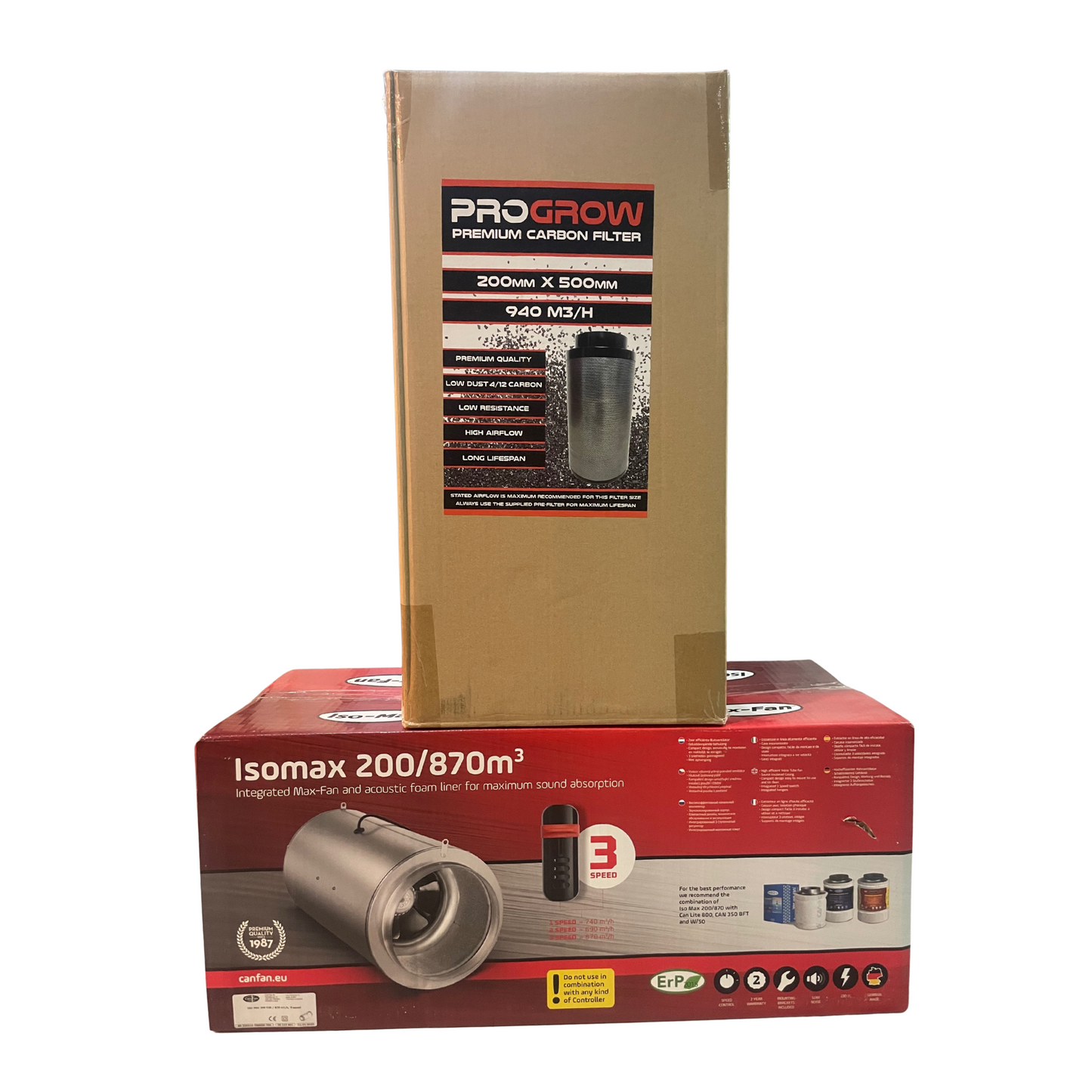 Iso Max 200mm Silenced Fan & Pro Grow 200x500mm Filter Combo