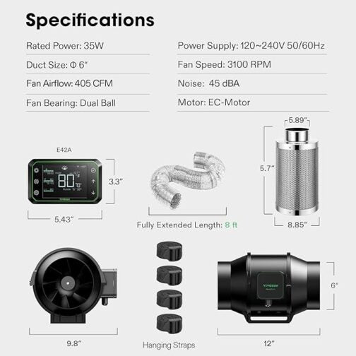 Vivosun Aerozesh S6 Fan, 6 Inch Carbon Filter, Ducting and E42A Wi-Fi Controller Kit