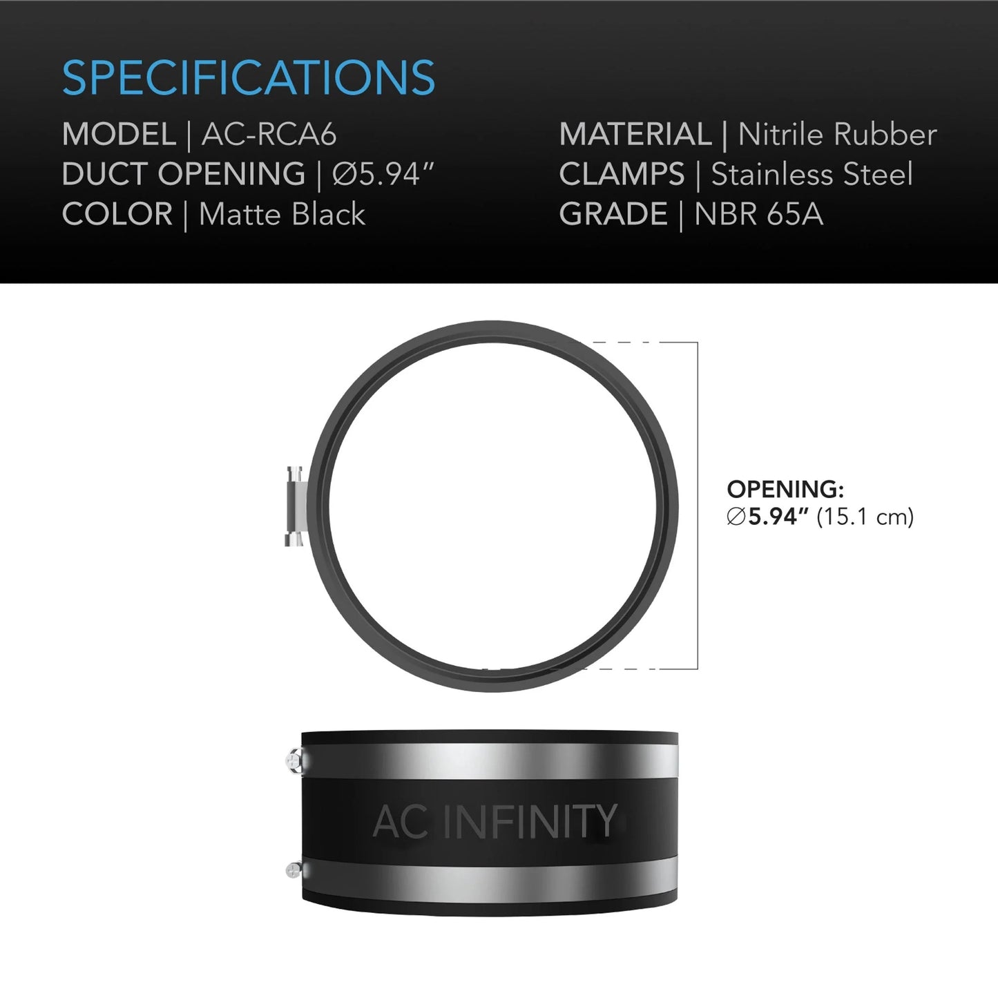 AC Infinity - Noise Reduction Clamp, Duct Coupler with Stainless Steel Clamps, 6 inch 150 mm