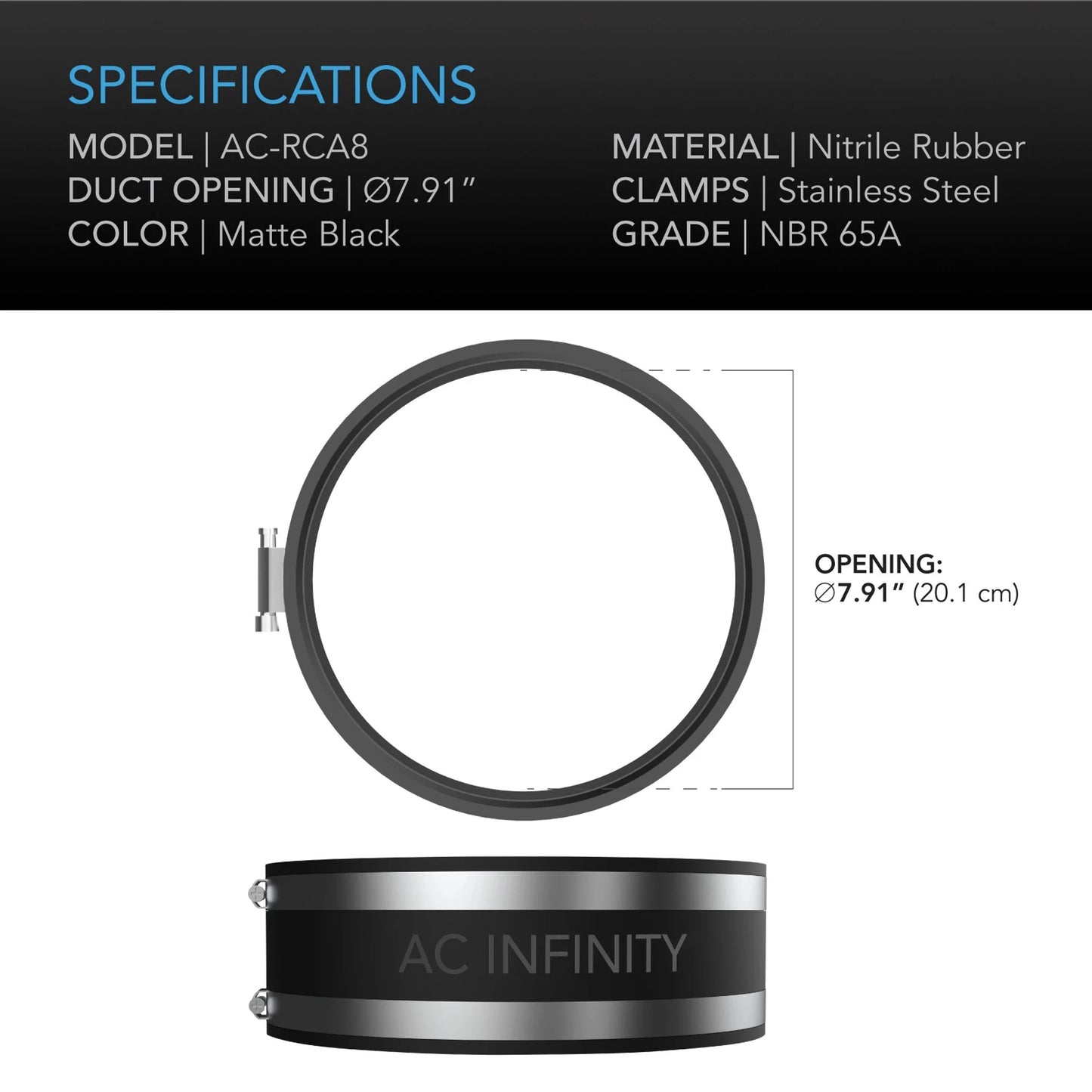 AC Infinity - Noise Reduction Clamp, Duct Coupler with Stainless Steel Clamps, 8 inch 200 mm