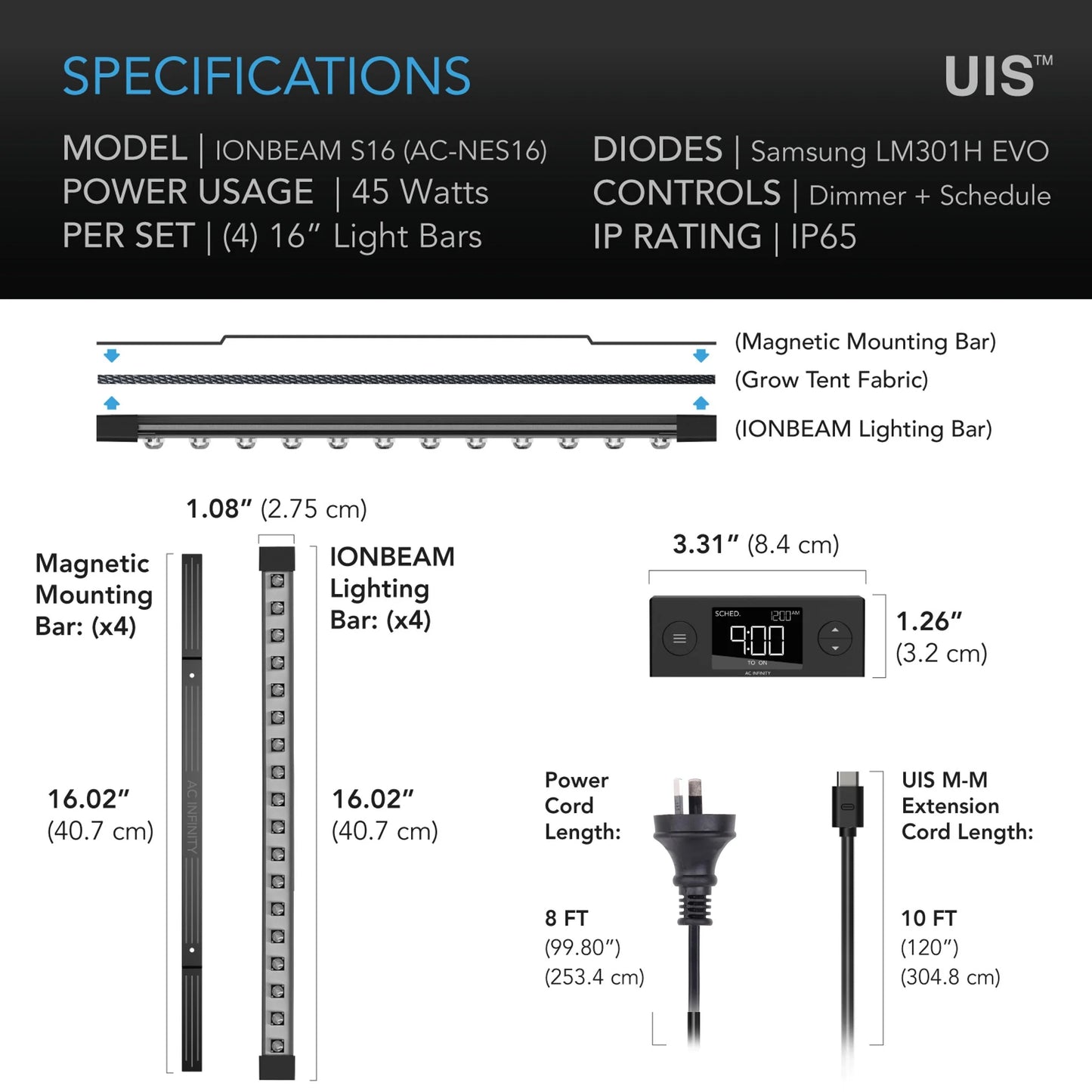 AC Infinity - Ionbeam S16, Full spectrum LED grow light box w light bars, Samsung LM301H EVO 16 inch length / 40.6 Cm