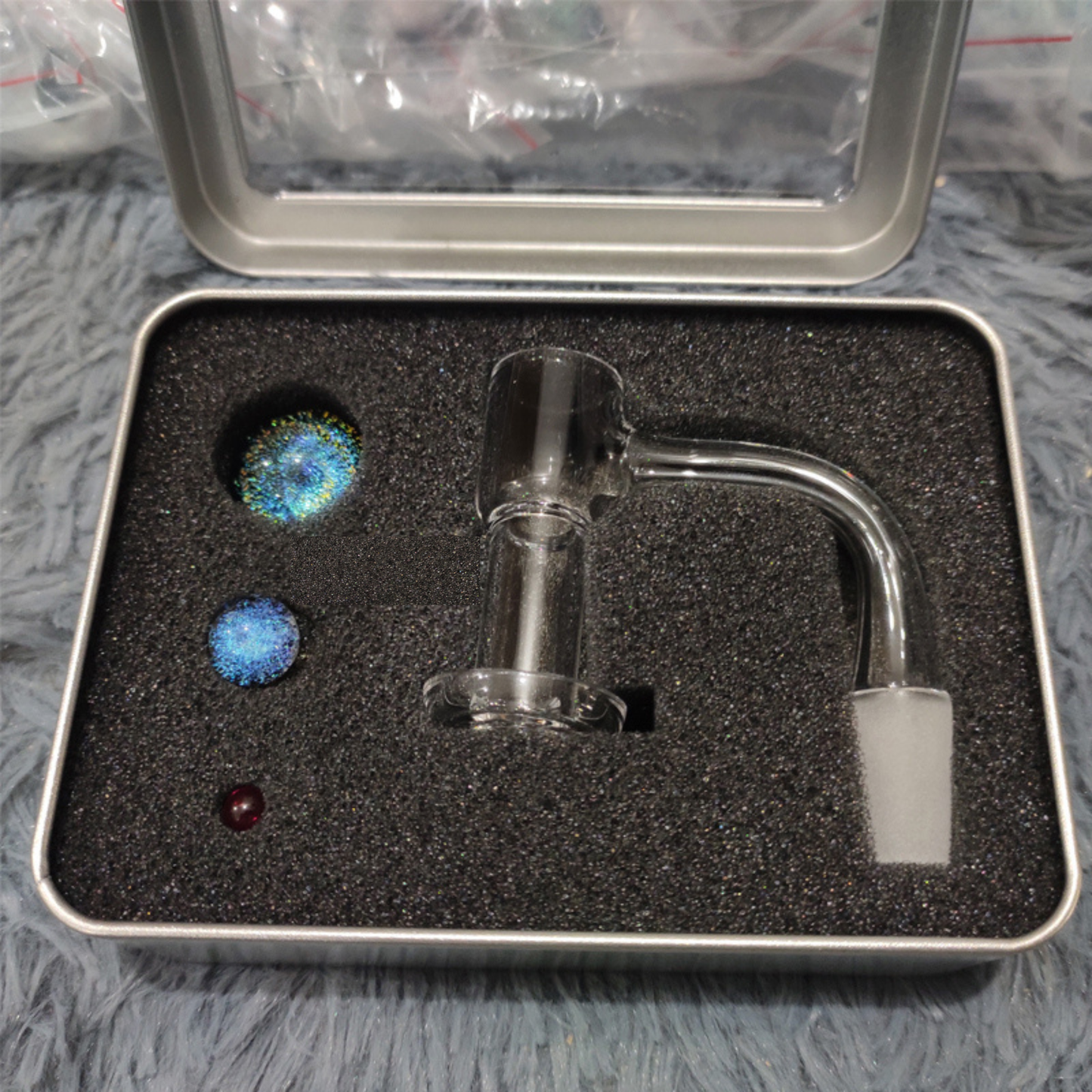 Full Weld Beveled Edge Quartz Banger Set – With Pearls, 10mm/14mm Male 90 Degree