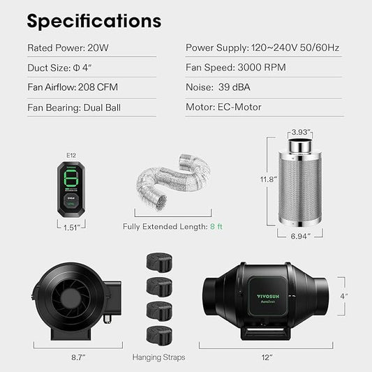 Vivosun Aerozesh S4 Fan, Carbon Filter, Ducting and E42A Wi-Fi Controller Kit