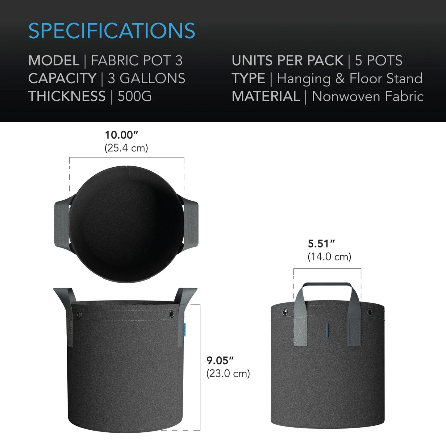 AC Infinity - Heavy Duty Fabric Pots, 3 Gallon pots / 5 pack