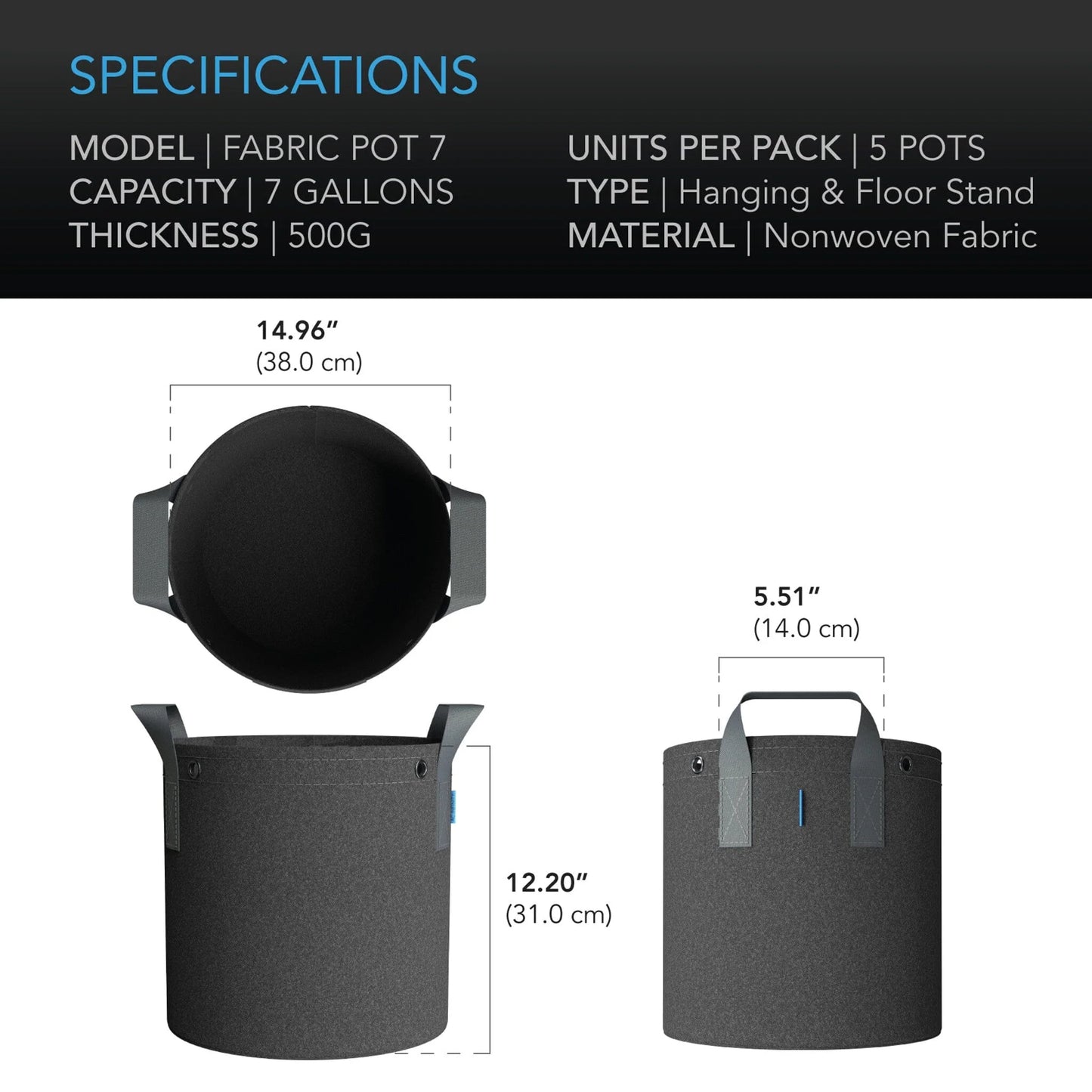 AC Infinity - Heavy Duty Fabric Pots, 7 Gallon pots / 5 pack