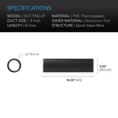 AC Infinity, Flexible Four-Layer Ducting, 8 FT long 2.4 metre, 8 Inch - 200 mm