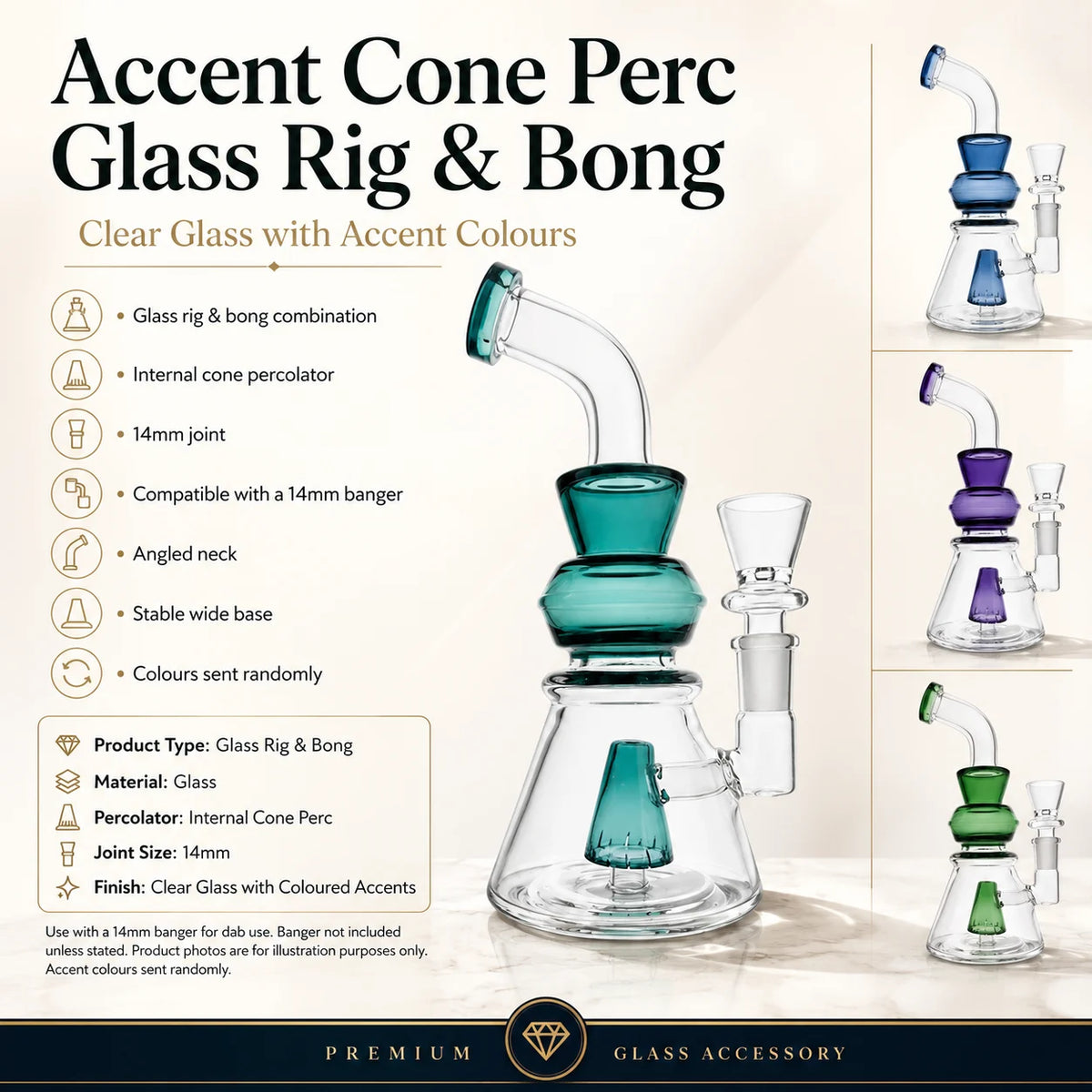 19cm Accent Cone Perc Glass Rig/Bong (Green)