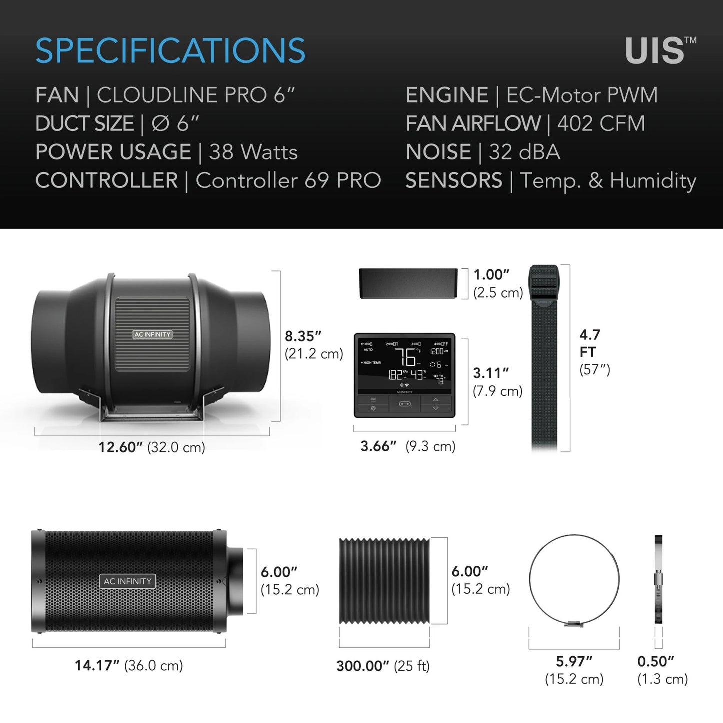 AC Infinity - T6 Air Filtration Kit Pro 6 Inch - 150 MM, Inline Fan with Controller 69PRO, Carbon Filter and Ducting combo
