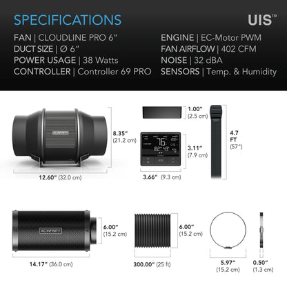 AC Infinity - T6 Air Filtration Kit Pro 6 Inch - 150 MM, Inline Fan with Controller 69PRO, Carbon Filter and Ducting combo