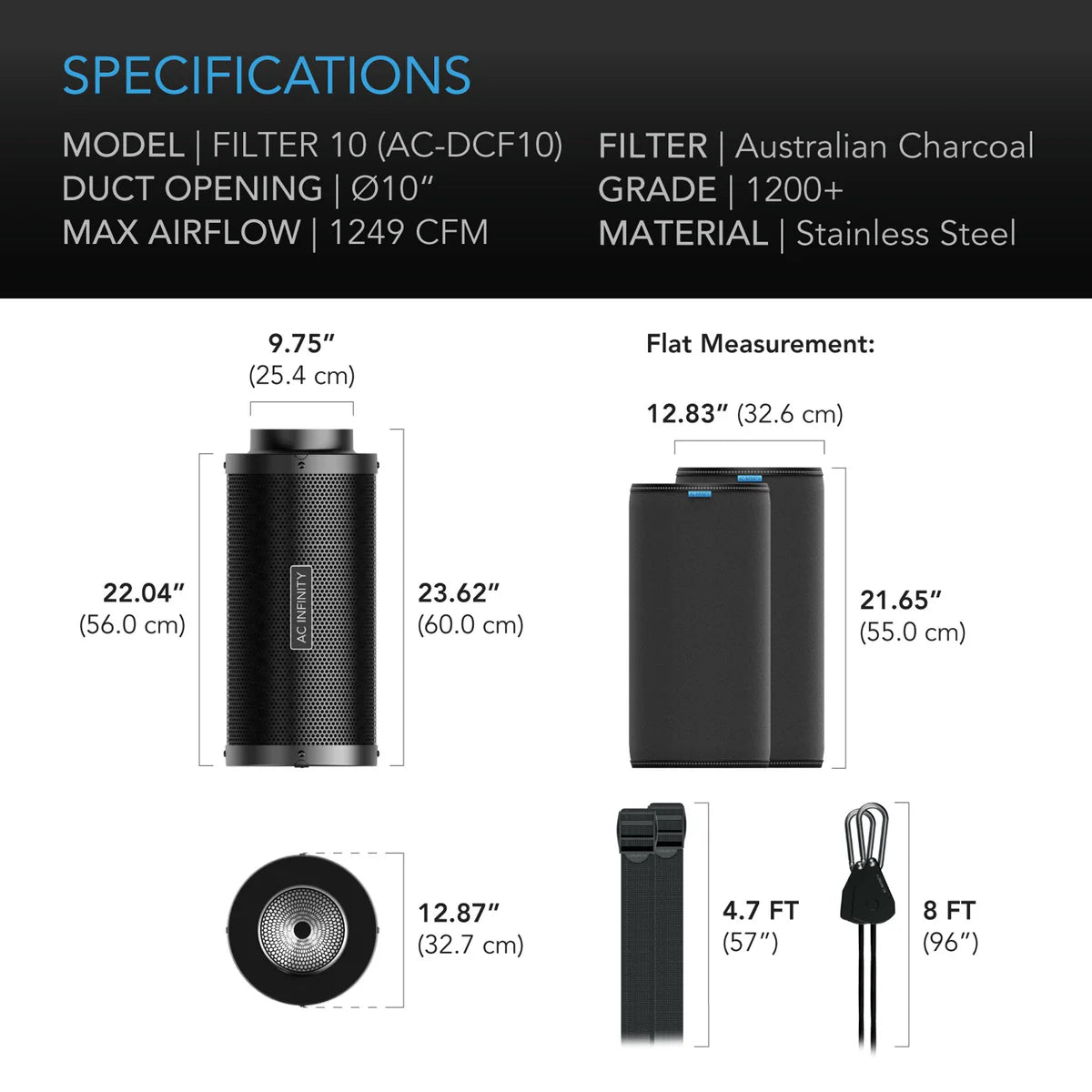AC Infinity - Duct Carbon Filter, Australian Charcoal, 10 Inch - 250 MM