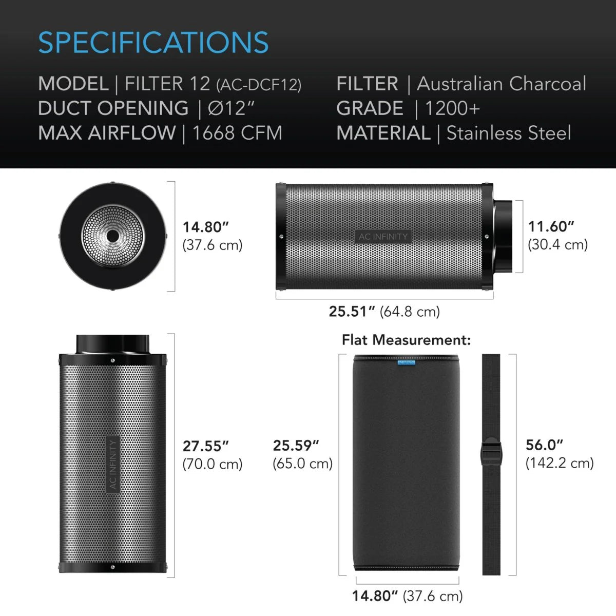 **SPECIAL ORDER** AC Infinity - Duct Carbon Filter, Australian Charcoal, 12 Inch - 300 MM