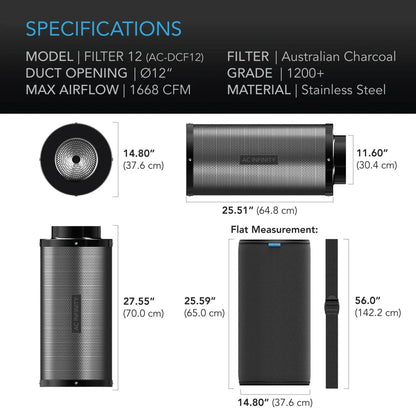 **SPECIAL ORDER** AC Infinity - Duct Carbon Filter, Australian Charcoal, 12 Inch - 300 MM