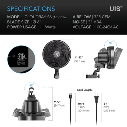 AC Infinity - Cloudray S6, Gen 2 Grow Tent Clip Fan 6”