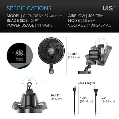 AC Infinity - Cloudray S9, Gen 2 Grow Tent Clip Fan 9”