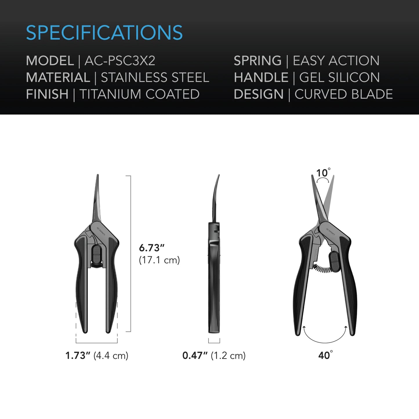 AC Infinity - Stainless Steel Curved Pruning Shear, Ergonomic Lightweight, 6.6” Curved Blades