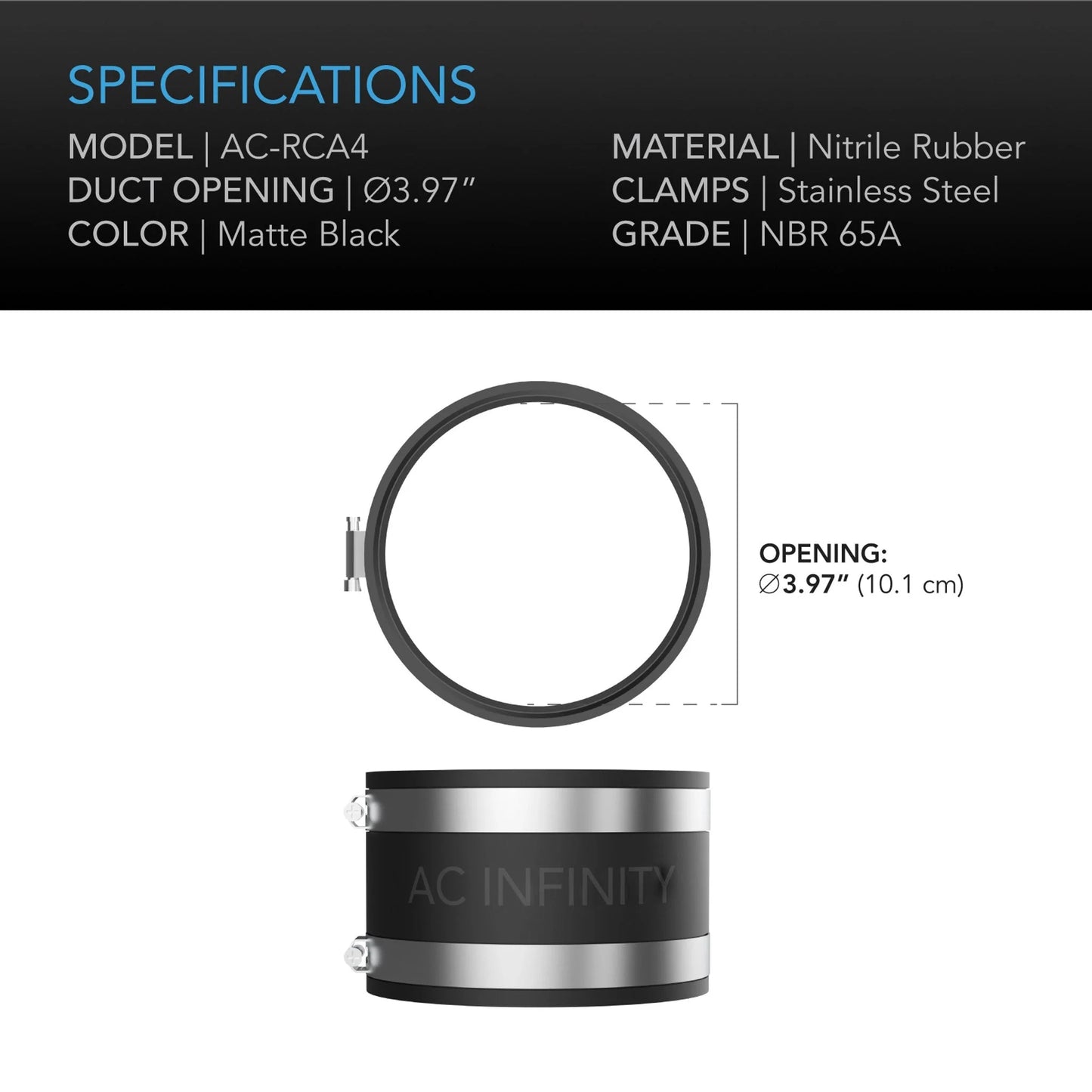 AC Infinity - Noise Reduction Clamp, Duct Coupler with Stainless Steel Clamps, 4 inch 100 mm